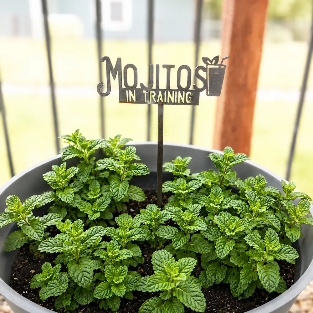 “Mojitos in Training” steel garden stake in a pot of mint.