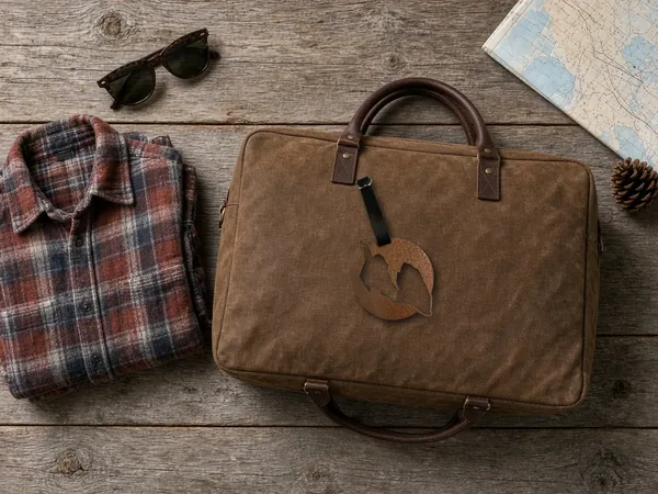 Copper lake bag tag shown on a waxed-canvas bag next to a flannel shirt and sunglasses