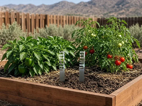 PEPPERS and TOMATO garden stakes shown in a raised garden bed in front of the plants