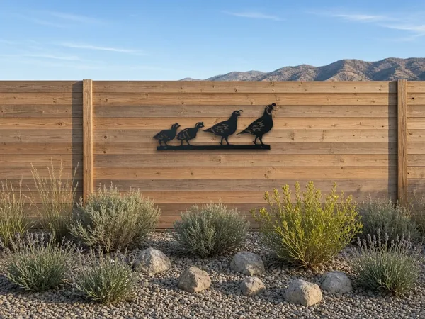 Quail family silhouette shown on a wood backyard fence above sage and gravel landscaping